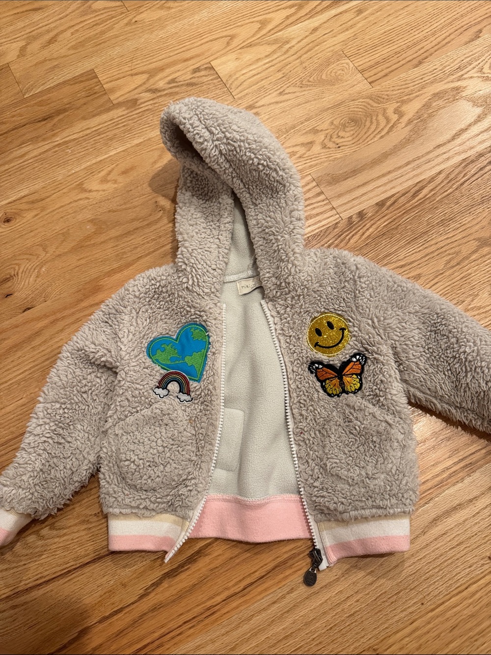 Cream Sherpa Hooded Jacket with Colorful Patch Details